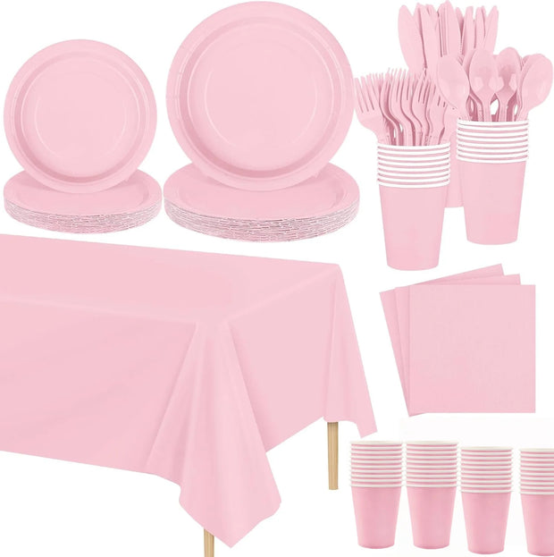 Light Pink Party Supplies Dinnerware Set Include Plates and Cups Tablecloth for Baby Shower Wedding Birthday Valentine's Day