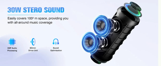 Portable Bluetooth Speaker, Bluetooth 5.4 Speaker, 30W Dual Speaker, Deep Bass, 30H Playtime, 3 EQ Mode, Colorful RGB Lights
